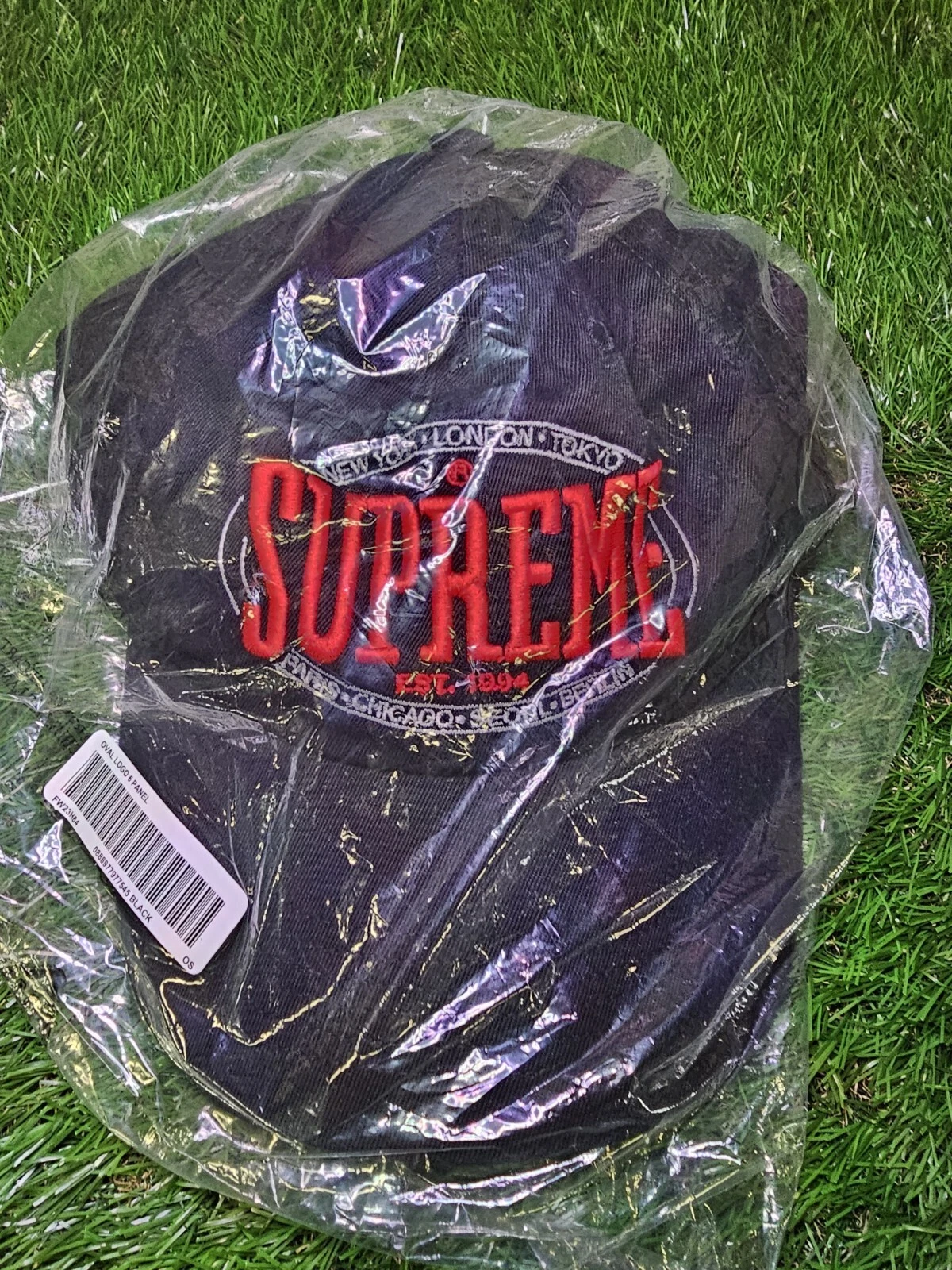 Chapeau vintage Supreme noir ovale logo 6 panneaux neuf avec étiquettes sangle arrière noir rouge 