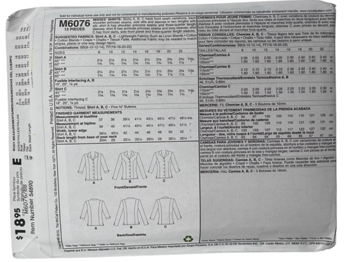 McCall's Palmer Pletsch M6076 The Perfect Shirt Sz 8-10-12-14 - Picture 2 of 6