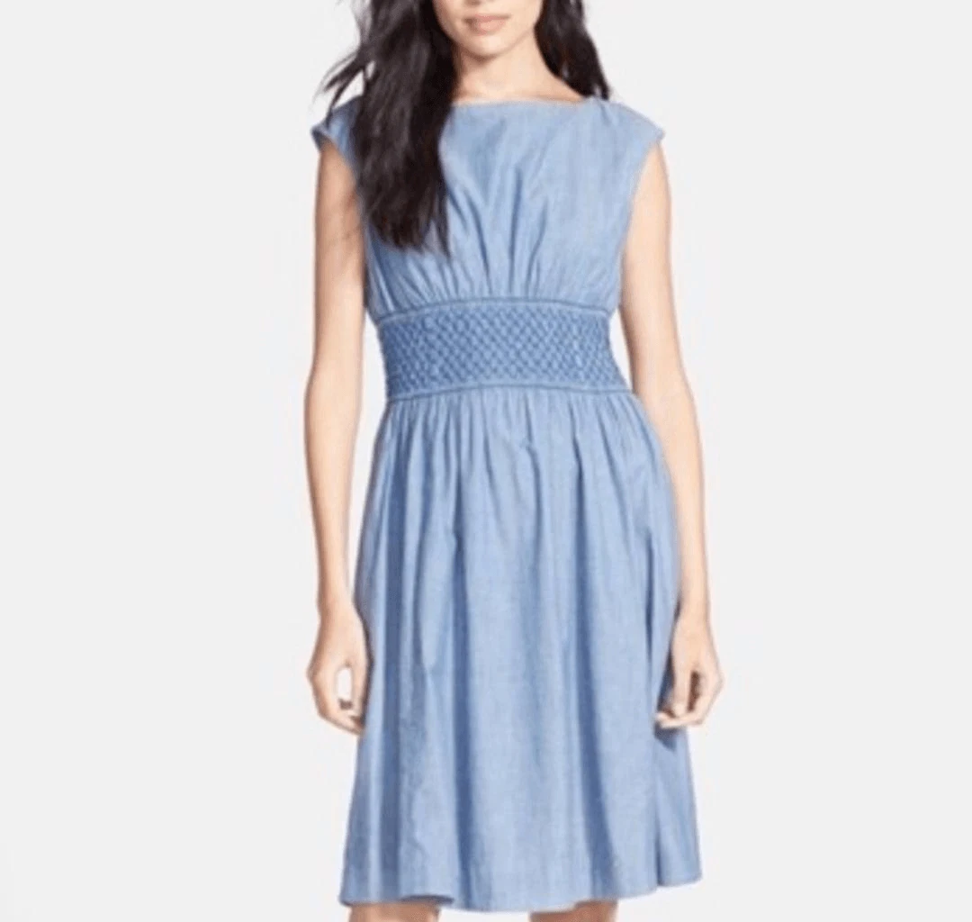 Abito Blaire KATE SPADE New York Chambray blu vita fumè plissettato cotone 8 M