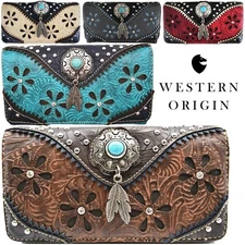 Western Feather Floral Purse Extra Strap Clutch Women Trifold Wristlets Wallet