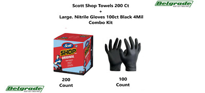 Scott Shop Towels 200 Ct + Large. Nitrile Gloves 100ct Black 4Mil Combo Kit