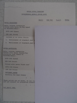 Devon Mercedes-Benz Motor Caravan UK Preisliste 1981: Discovery LWB, Mayflower SWB