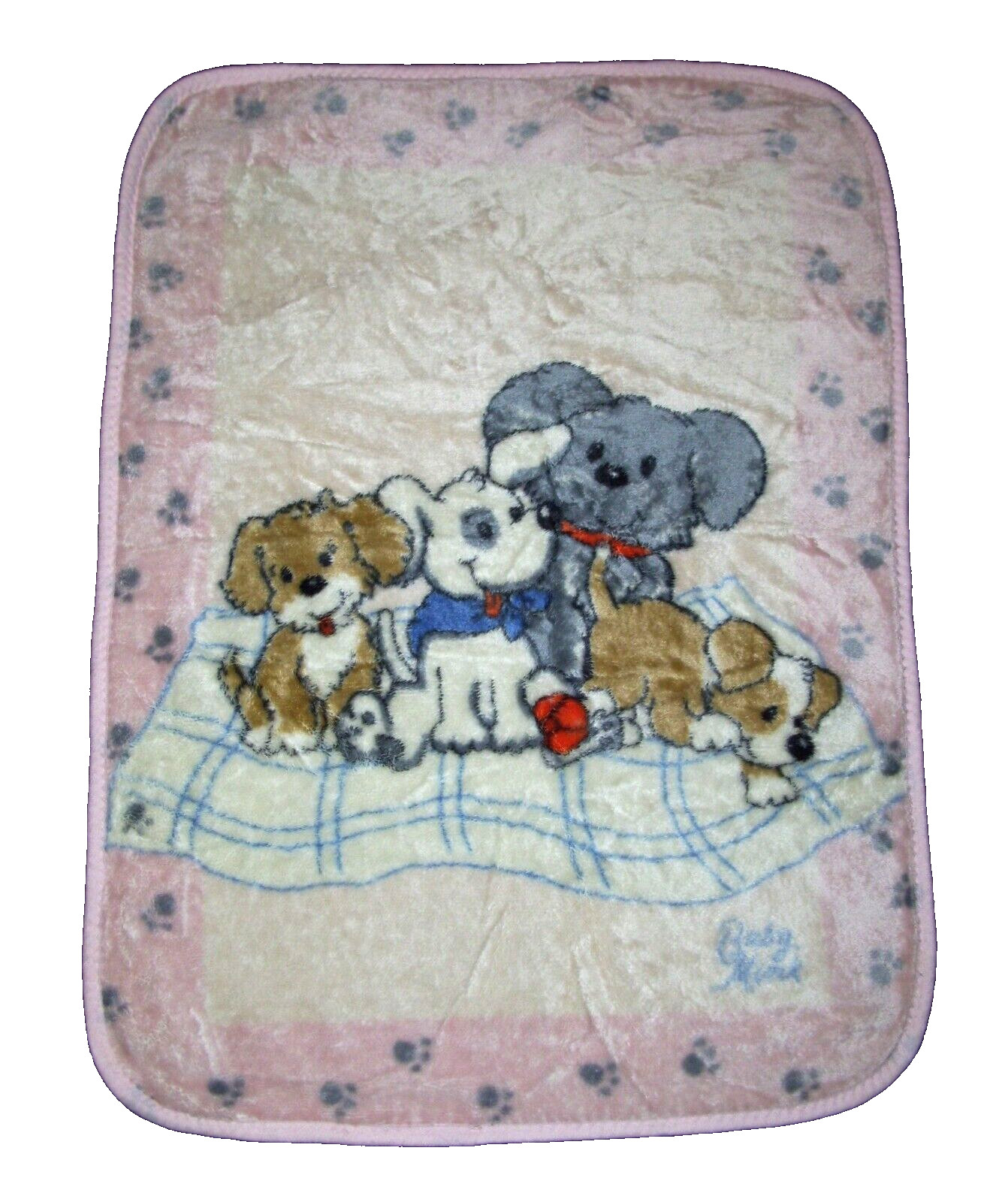 VTG Baby Mink Puppy Dogs Paw Print Blanket Pink Plush Luxe Blanket