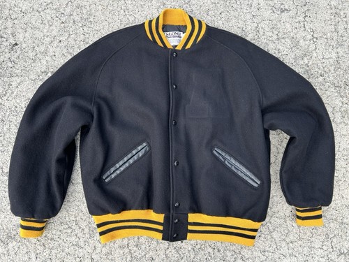 Vintage 90s DeLong Wool University Varsity Letterman Jacket Black Gold Yellow XL - Image 1