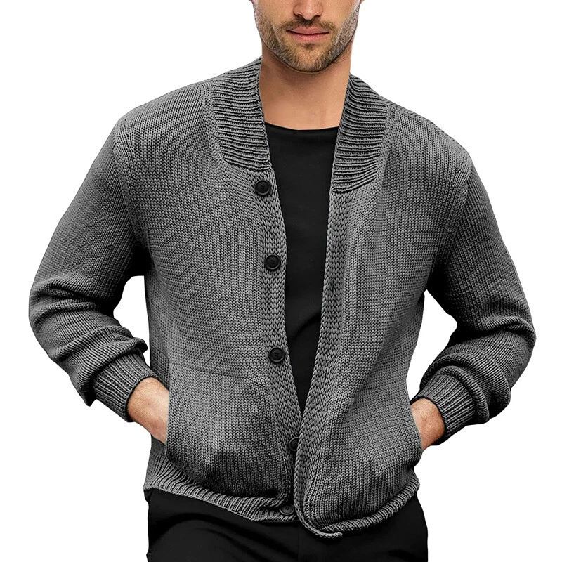 Fashion Rib Hem Knit Jacket Men Sweater Collarless Solid Color Cardigan Jacket