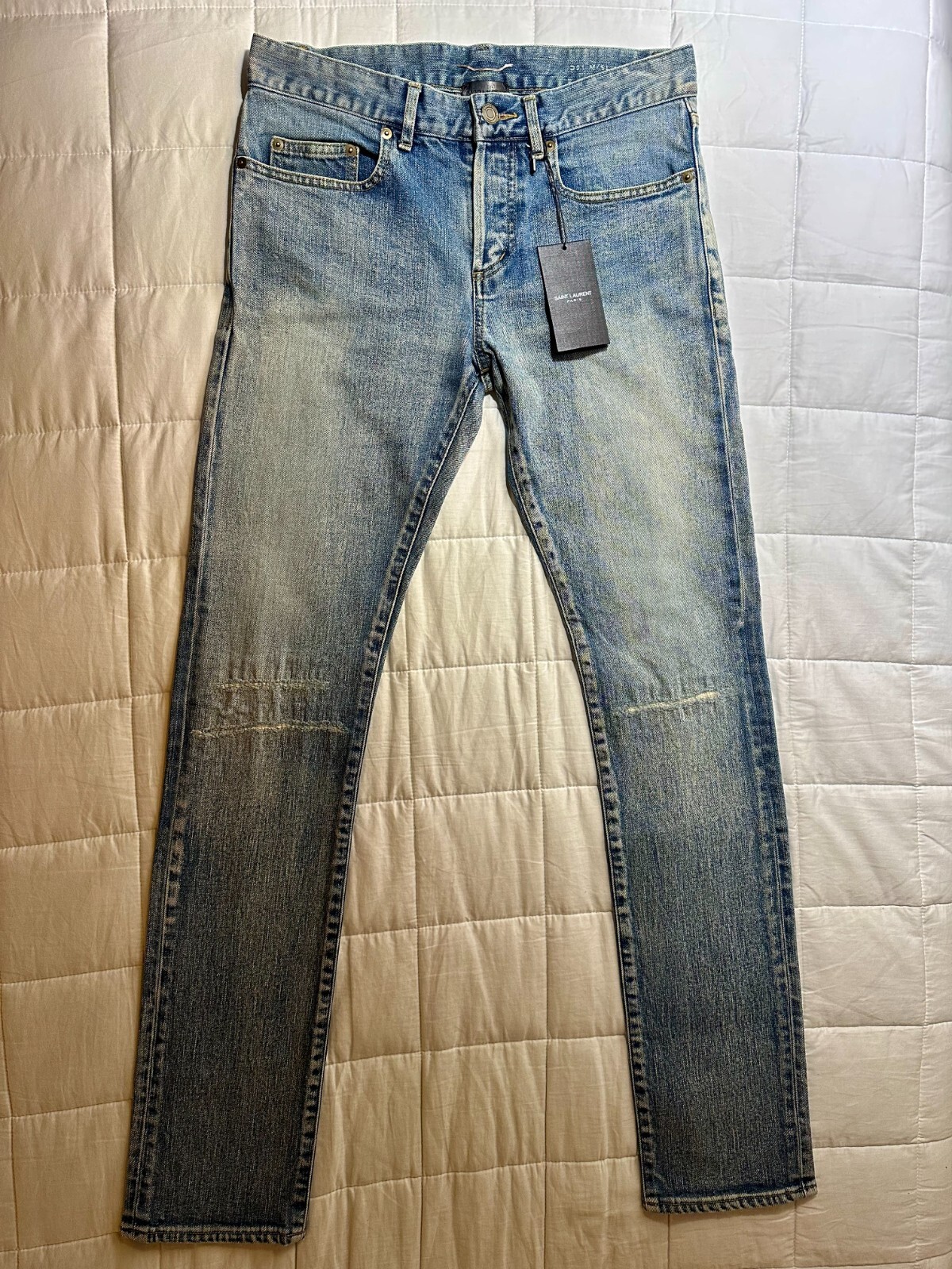 SAINT LAURENT JEANS TOPPA GINOCCHIO IN DENIM ELASTICIZZATO BLU CHIARO SPORCO HEDI SLIMANE