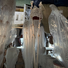 Macram  Cotton Plant Hanger with Gold Ring, Wooden Beads, Beige