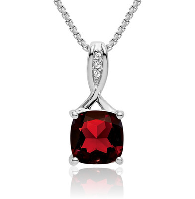 14K Solid White Gold Cushion-Cut Garnet Diamond Necklace