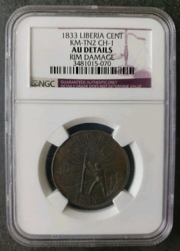 1833 Liberia Cent KM-TN2 CH-1 NGC AU Details Rim Damage
