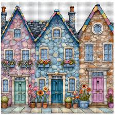 Image of Printed Cross Stitch Kit 11 ct Cobbled Homes 30x30cm DIY UK