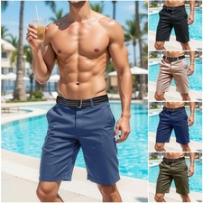 Mens Chino Shorts Slim Fit Cotton Summer Casual Half Cargo Combat Pant Free Belt
