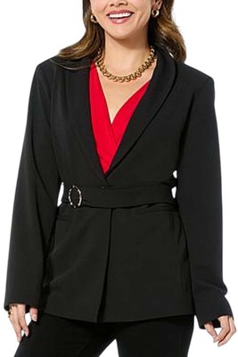 IMAN Global Chic Women's Belted Crepe Knit Blazer Black