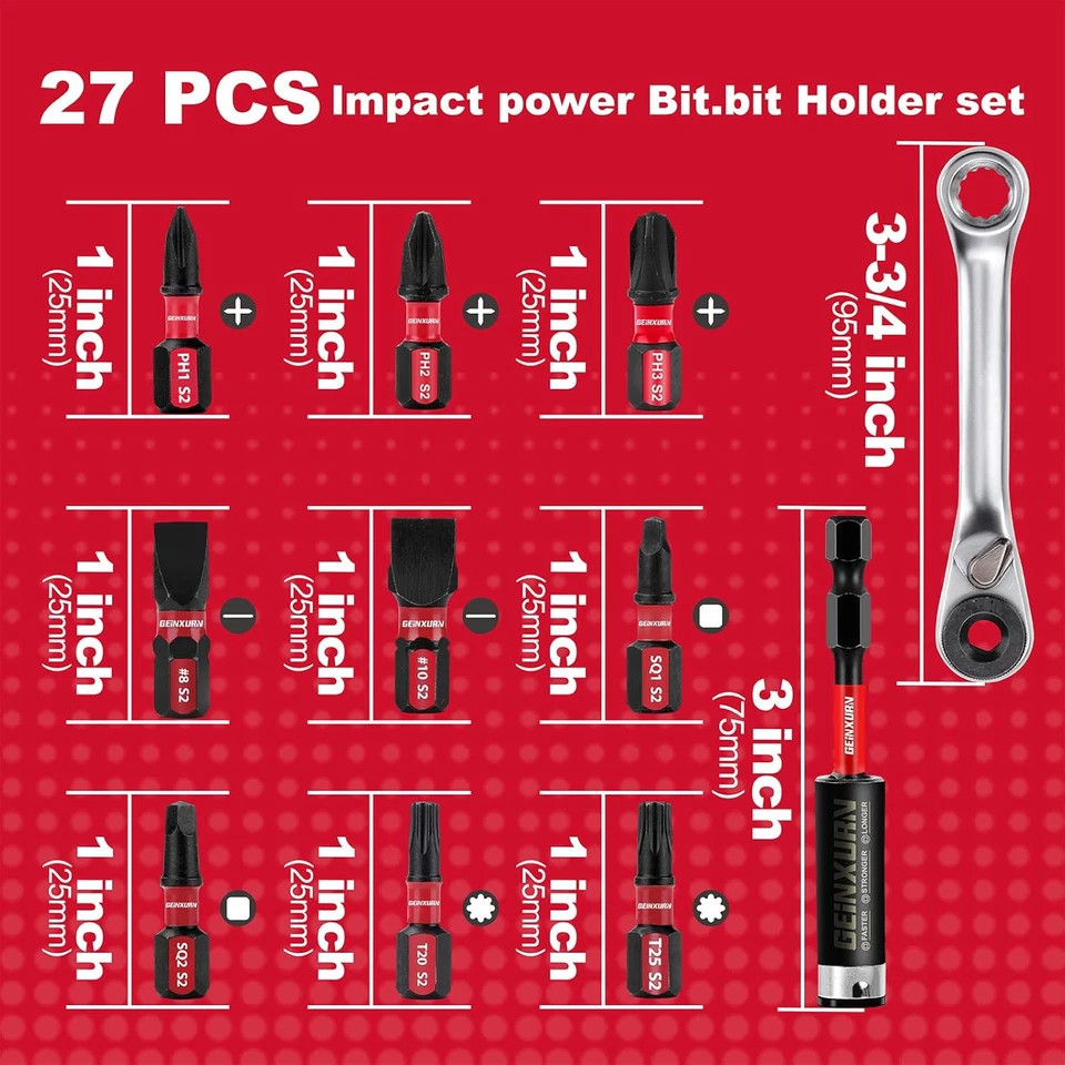 Screwdriver Bit Set with PH1/PH2/PH3/SQ1/SQ2/T20/T25/SL8/SL10 and 1Pcs Impact Bi - Image 3 of 4