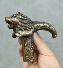 Chinese Old Bronze Hand Carved Lion Statues Cane Walking Stick Head