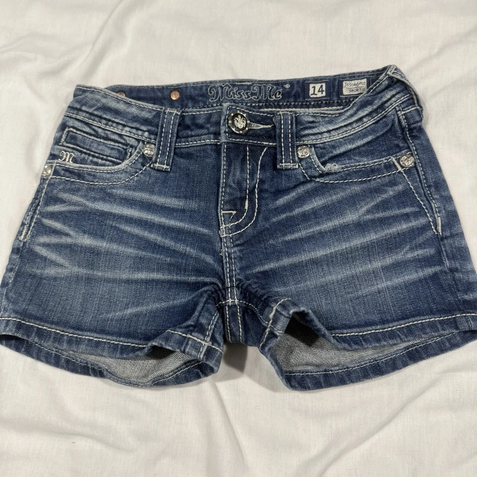 Pantalones Cortos de Jean Miss Me Niñas Talla 14 Azul Denim Cruz JK5046H10 Adornados Foto 3 de 4