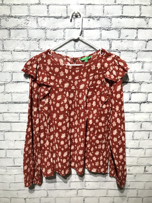Dip, Women XL Brown Floral Ruffle Embroidered Detail Long Sleeve 100$ Cotton Top