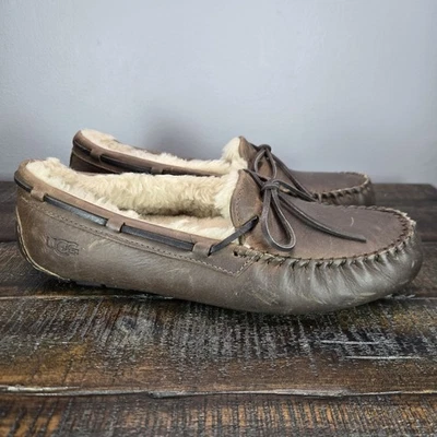 UGG Olsen Slipper Mens Size 8 Leather Fuzzy Warm Slip On Shoes Loafers Brown - Image 1 of 4