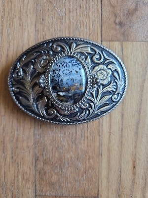 Vintage Western Style Oval Metal Belt Buckle With 3D Center Oval Natural Stone