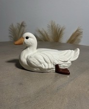 Vintage White Ceramic Duck Figurine Glossy Glaze Orange Beak Brown Feet