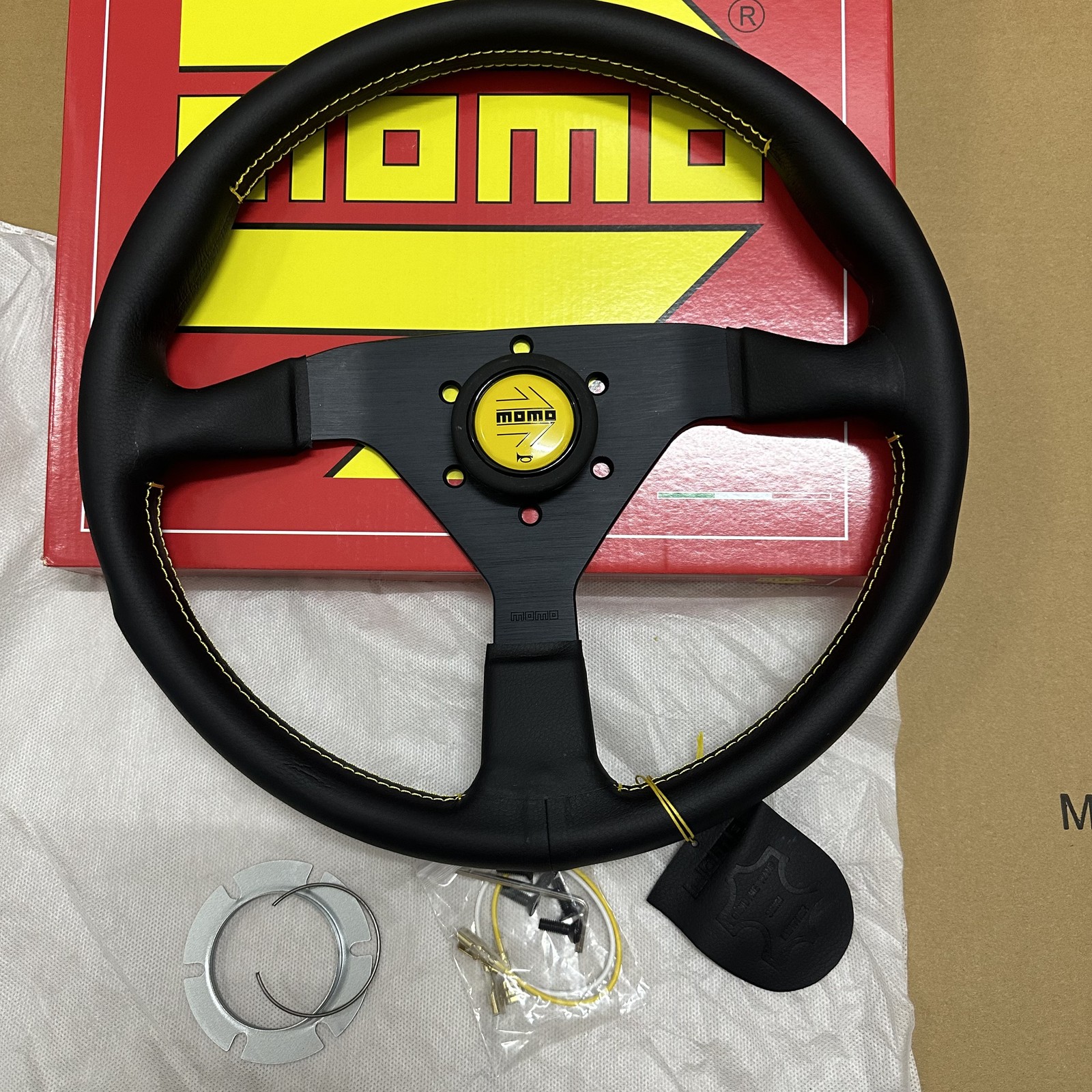 MOMO MonteCarlo Racing 14inch 350mm Leather Sport Steering Wheel Yellow Button
