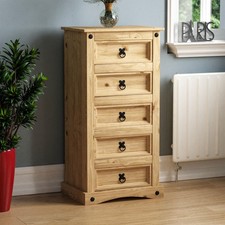 Corona 5 Drawer Narrow Chest, Tallboy, Mexican Pine 25 Corona 5 Drawer Narrow Chest Mexican Solid Waxed Pine Storage Bedroom Furniture