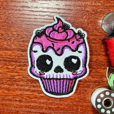 Pastel Goth Patch Cute Spooky Skull Cupcake Embroidered Iron On 2.25x2.25"