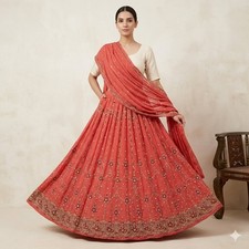Sanskriti Vintage Peach Georgette Unstitch Lehenga Hand Embroidery Zardozi Stone