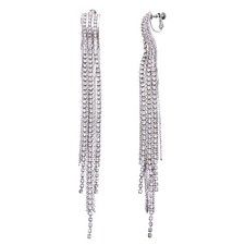 Clear Rhinestone Prong Setting Boho Tassel Long Statement Dangle Clip on Earring