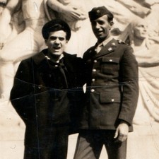 c1940s WWII US Army Soldier US Navy Sailor Uniform Monument Snapshot Photo Vtg