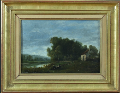 Beau tableau ancien promeneur au bord d'une rivière signé Trouillebert sv Corot - Photo 1/10
