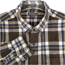 Eddie Bauer Mens Flannel Shirt Classic Fit L Brown Blue Plaid Rustic Cozy Cabin