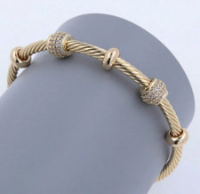 Elegant Womens Stainless Steel Gold Cable Bangle Bracelet Beaded CZ's