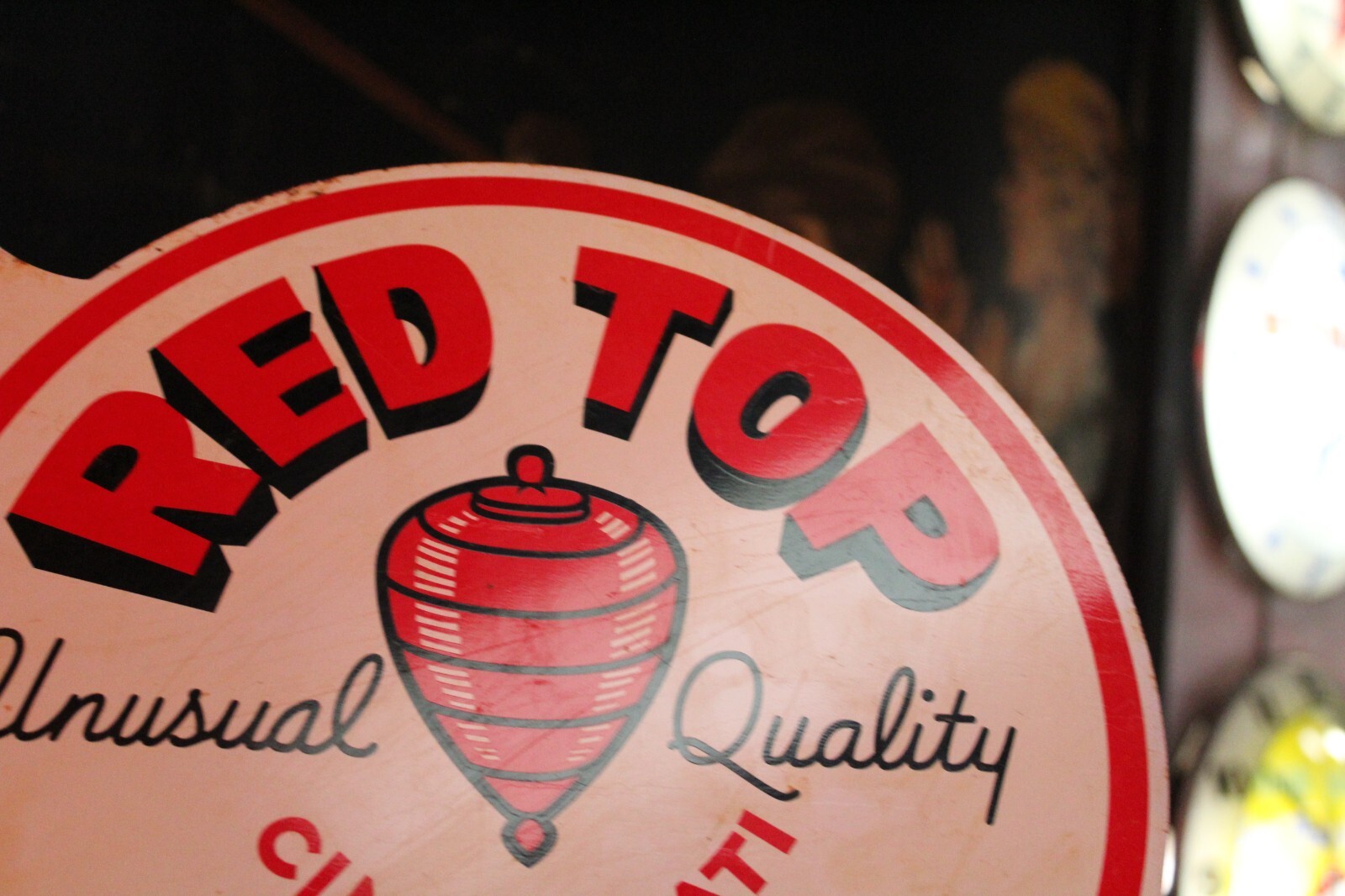 RARE 1950s RED TOP BEER DEALER 2SIDED PAINTED METAL FLANGE SIGN TAVERN