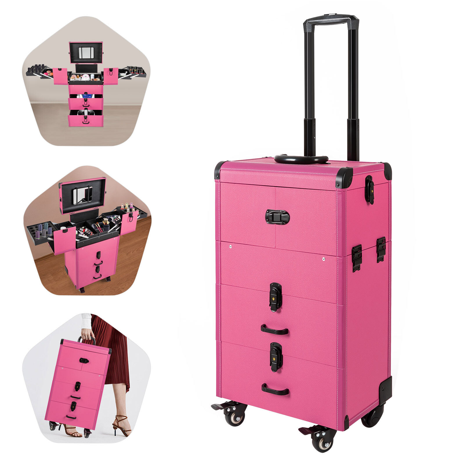 4 in 1 Rolling Zinc Alloy Makeup Train Case Salon Cosmetic Trolley Organizer Box