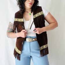 Vintage 1970s Brown/gold Suede Leather Fringe Boho Hippie Vest 30-32” Waist