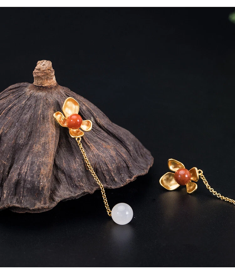 I04 Orecchini Fiore con Rosso Agata Sfera Di Bianca Giada Argento 925 Dorato - Immagine 4 di 4