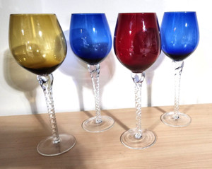 Perfect set of 4 tall vintage Empoli Italian twisted stem crystal wine goblets