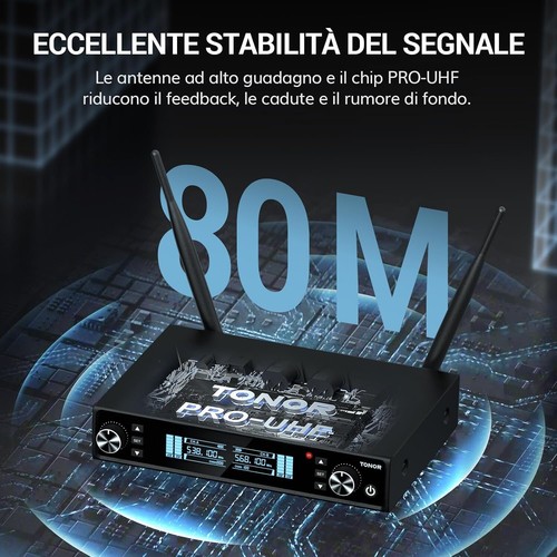 Microfono Wireless A Batteria Professionale 100 UHF Karaoke 80m e Ricevitore 2PZ - Photo 3/9