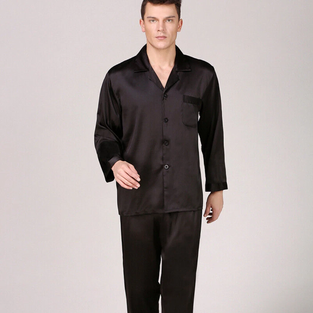 Mens Silk Satin Pajamas Set Top Pants Sleepwear Nightwear Black