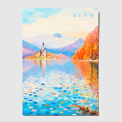 Lake Bled Slovenia Souvenir Postcard Travel Art Bled Touristic Vibrant Postcard