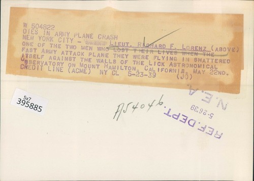 1939 Photo Press Richard Lorenz Lieutenant NYC Army Attack Plane Observatory - 第 2/2 張圖片
