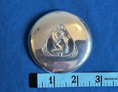 Vintage cast pewter hand mirror with bathing woman image, 2 3/4 inch round