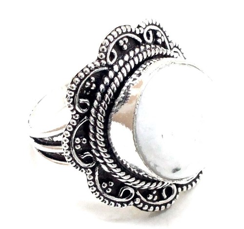 Bague En Argent Plaqué Avec Pierre De Lune Naturelle - Taille 53 - Style Vintage Solitaire - Occasion Parfait État