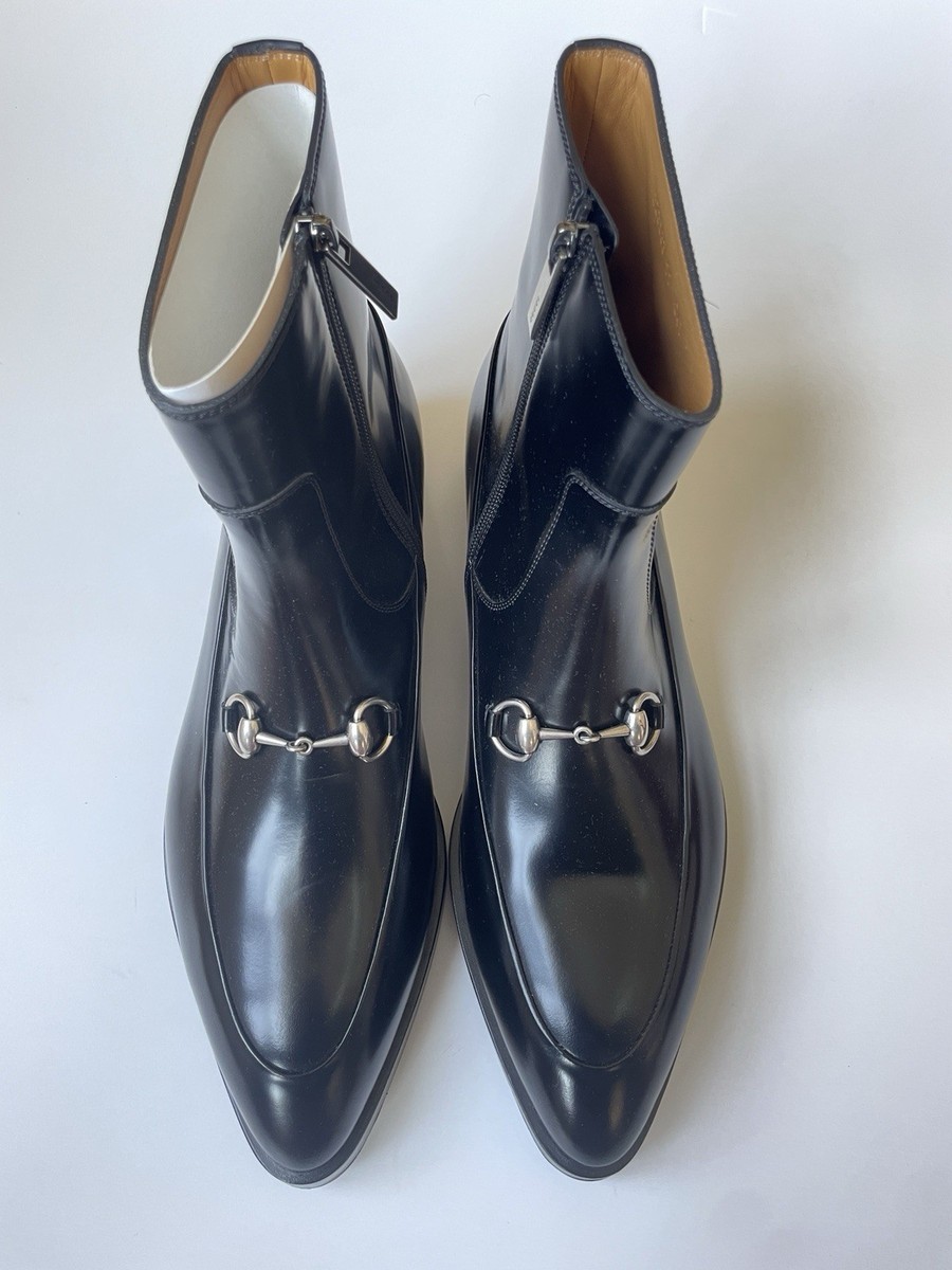 GUCCI Men's BURN Horsebit Black Leather Zipper Boot Shoes Sz UK 11