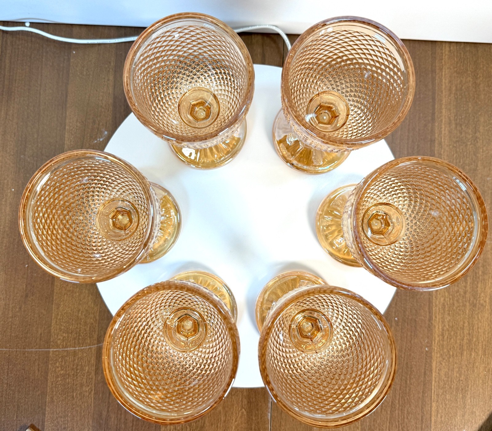 6 Rose Gold & Amber Iridescent Thick Glass Goblets Set