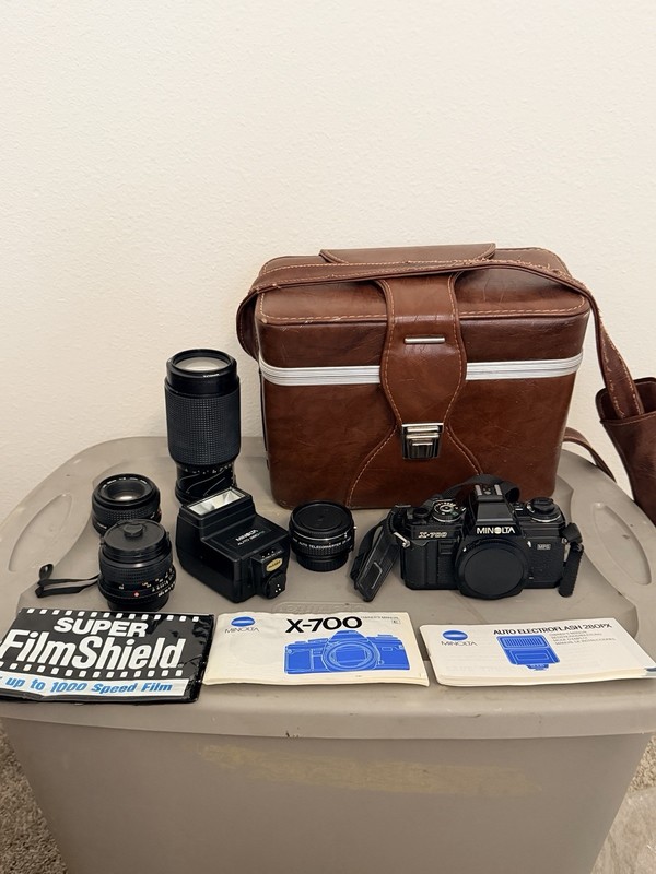 Minolta X-700 SLR Film Camera Kit Black with Lenses, Flash, Teleconverter, Case
