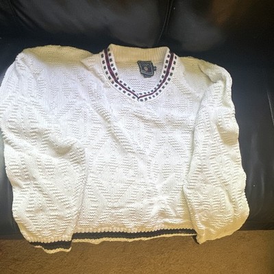 Vintage Chaps Ralph Lauren White Cable Knit V-Neck Pullover Sweater M Cotton