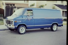 1970s Vintage Custom Blue Chevy Van 20 White Spoke Wheels Parked 35mm Slide