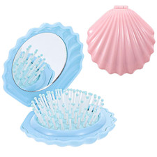 2Pcs Shell Shape Foldable Mini Hair Brush with Mirror, Compact Travel Brush Blue