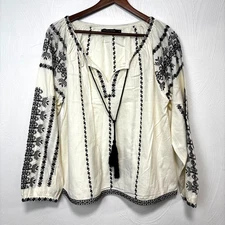 Monoprix Femme Ivory Black Embroidered Peasant Blouse Long Sleeve Tassel Size 42